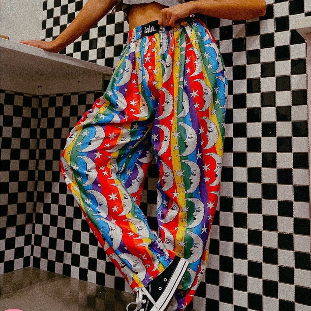 Dress in LALA Happy Chance Barrel Leg Boxer Pants in Rainbow Moon